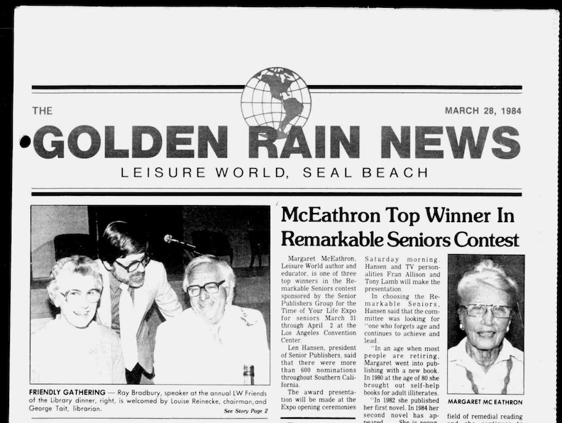 Newspaper, Ray Bradbury photo at the Friends of Library Dinner.